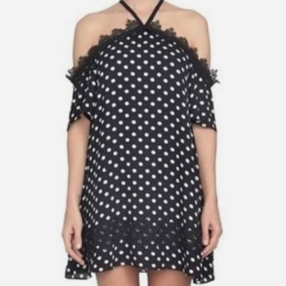 HALTER COLD SHOULDER 3/4  SLEEVES  POLKA DOT DRESS LACE TRIM